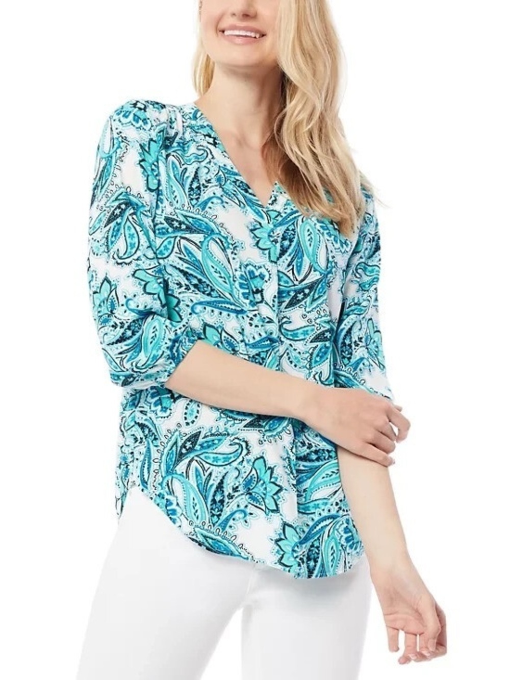 Jones New York Women's Printed V-Neck Kelly Blouse Blue Mult
